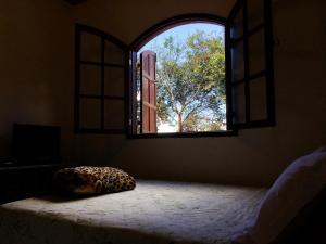 Habitación con ventana abierta y cama con almohada en Pousada Alecrim, en Serra do Cipo