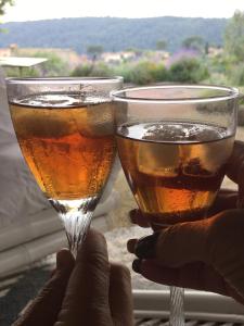 a person holding two glasses of drinks in their hands at Chambre d'hotes Casa Biba in Vence