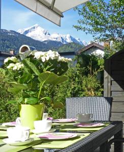 ガルミッシュ・パルテンキルヒェンにあるWolke7の山々を背景にしたパティオに植物を植えたテーブル