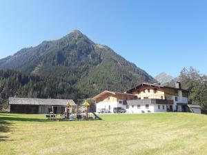 a building in a field with a mountain in the background at Appartement Romy in Bach