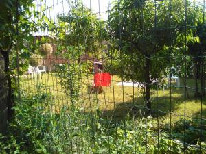 a fence with a red chair in a yard at Casa Aromi ed Arte in Asti