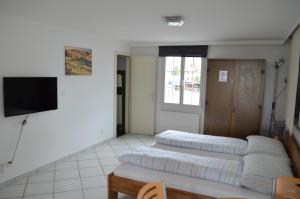 a living room with two beds and a tv at Hotel Schiff in Horn