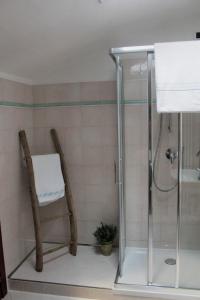 uma casa de banho com um chuveiro e uma toalha numa cadeira em La Masca em Gaiola