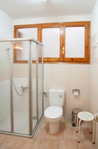a bathroom with a toilet and a glass shower at Apartament Perebep de Linyola in Linyola