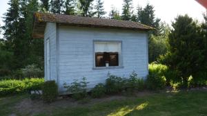 a small white house with a dog looking out the window at Metsjärve kämpingumajake in Puskaru +6 photos