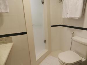 a bathroom with a toilet and a shower at Casablanca Center Hotel in Petrópolis