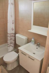 uma casa de banho com um WC, um lavatório e um espelho. em One bedroom apartment Šimičić em Rab