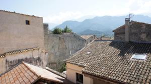 an aerial view of roofs of buildings and mountains at Hotel des Alpes in Die