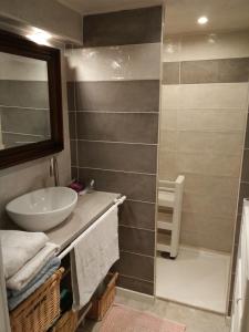 een badkamer met een wastafel en een spiegel bij Appartement avec jardin privatif proche ASFO in Grasse