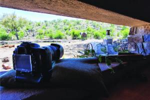 uma câmara sentada numa mesa com um elefante ao fundo em Tuningi Safari Lodge em Madikwe Game Reserve
