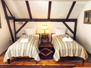 two beds in a attic room with a lamp at Dworek Adamski in Wałbrzych