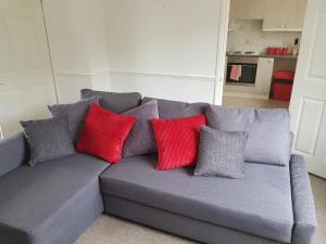 イプスウィッチにあるVetrelax Ipswich Newly Refurbished Houseのグレーのソファ(カラフルな枕4つ付)