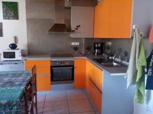 eine Küche mit orangefarbenen Schränken und einer Spüle in der Unterkunft Ap-Art in La Seu d'Urgell