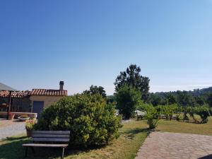 un parque con un banco frente a un edificio en Agriturismo Le Casaline, en Seggiano