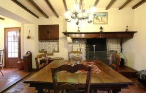 Un comedor con mesa y chimenea. en Gîte Yanou, en Sault-de-Navailles