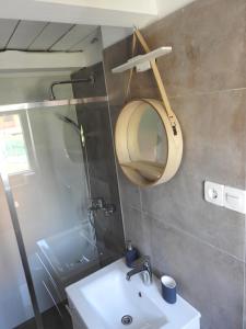 een badkamer met een wastafel, een douche en een spiegel bij Blue Beach Panorama in Révfülöp