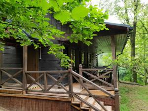 Cette cabane en rondins dispose d'une véranda et d'une porte en bois. dans l'établissement Nad Lipcykiem, à Nowy Gaj