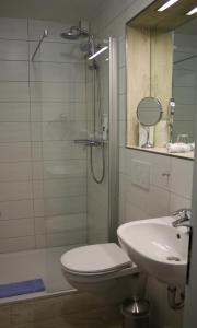 a bathroom with a shower and a toilet and a sink at Landgasthaus Bonn in Baunatal