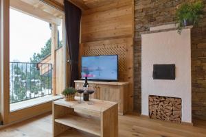 sala de estar con chimenea y TV en Landhof en Monguelfo