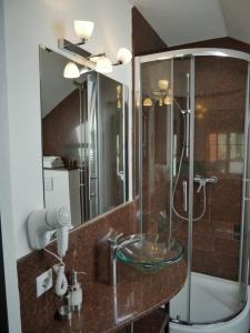 La salle de bains est pourvue d'un lavabo en verre et d'une douche. dans l'établissement Sibiu City Center Apartments, à Sibiu