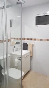 トレモリノスにあるApartamento Silviaのバスルーム(トイレ、ガラス張りのシャワー付)