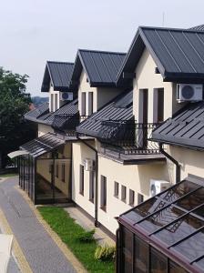 a row of houses with black roofs at Hotel Platinum Hrubieszów in Hrubieszów