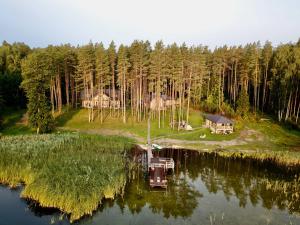 an island with a house and a boat in the water at Vila Tauragnas in Varniškės I