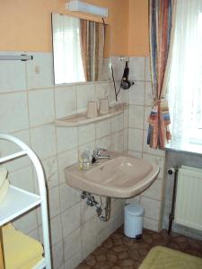 a bathroom with a sink and a mirror at Ferienwohnungen Hasenpatt in Bad Sachsa