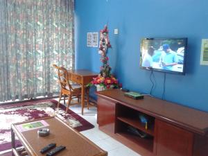 a living room with a tv on a blue wall at Seri Lagenda Apartment in Kuah