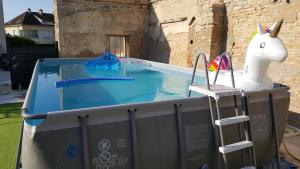 een groot zwembad met een speelgoedeenhoorn erin bij Appartement agréable 1 à 4 personnes in Chaumont
