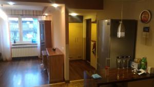 a kitchen with a refrigerator and a wooden floor at Hołcyna in Brenna