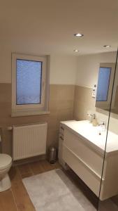 baño con lavabo y aseo y ventana en FeWo in Wismar, en Wismar