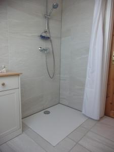 フォルカッハにあるFerienwohnung Weinklangのバスルーム(シャワー、シャワーカーテン付)が備わります。