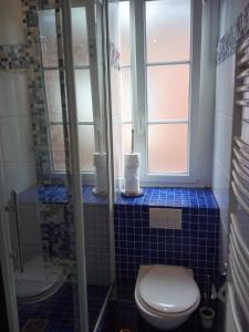 a bathroom with a toilet and a shower with blue tiles at L'Ex-Voto in Honfleur