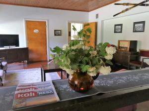 a vase with flowers on a table in a living room at Vanhan Koulun Majatalo-Old School Guest House in Kolinkylä