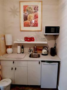 a small kitchen with a sink and a microwave at Studio City West in Berlin