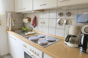 een keuken met een fornuis bovenoven naast een gootsteen bij Ferienwohnung Eibl in Donaustauf