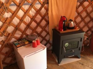 a stove and a refrigerator in a room at Les insolites de Taracopala in Solliès-Toucas
