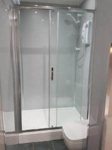a shower with a glass door next to a toilet at Bentinck Street Ground Floor Apartment in Glasgow