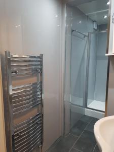 a bathroom with a shower and a sink at Bentinck Street Ground Floor Apartment in Glasgow