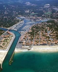 an aerial view of a beach and a harbor at Les Bananiers in Capbreton