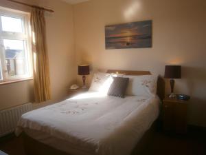 1 dormitorio con 1 cama blanca con 2 lámparas y una ventana en Quay West Ireland, en Westport