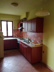 a kitchen with brown cabinets and a sink and a window at Apartment Jasmine in Izola +11 photos