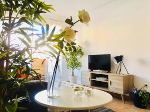 濱海羅克塔斯的住宿－Apartamento EvaHome Roquetas，客厅配有桌子和植物