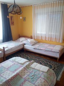 3 Betten in einem Zimmer mit Fenster in der Unterkunft Keletifény Vendégház in Verpelét