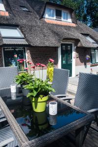 een tafel met stoelen en planten op een patio bij De Langenlee in Zwolle