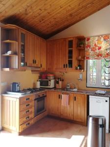 a kitchen with wooden cabinets and a stove top oven at Quinta do Feonix in Martinchel