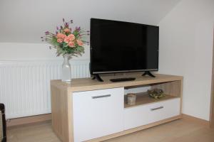 a television on a white cabinet with a vase of flowers at Apartments Borna 2 in Zagreb