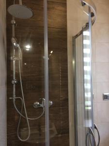 a shower with a glass door in a bathroom at Apartament Fibra Latte in Rybnik