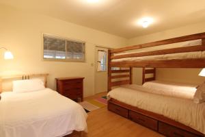 a bedroom with two bunk beds and a window at Birch Cliff Lodge on Baptiste Lake in Bancroft
